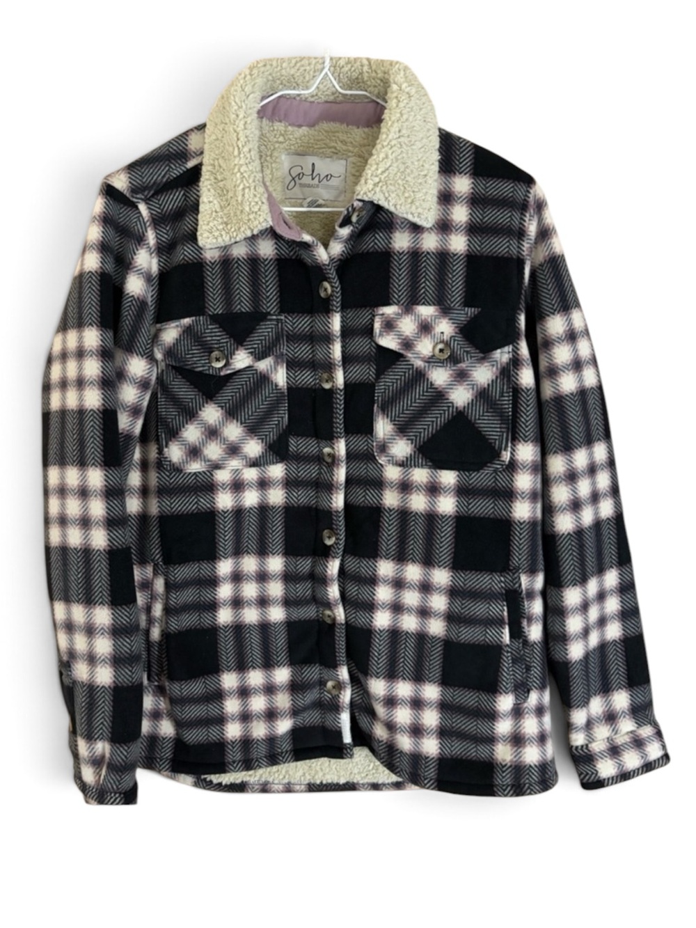 Soho Black and Cream Plaid Brushed Fleece Sherpa Lined Oversized Shirt Jacket